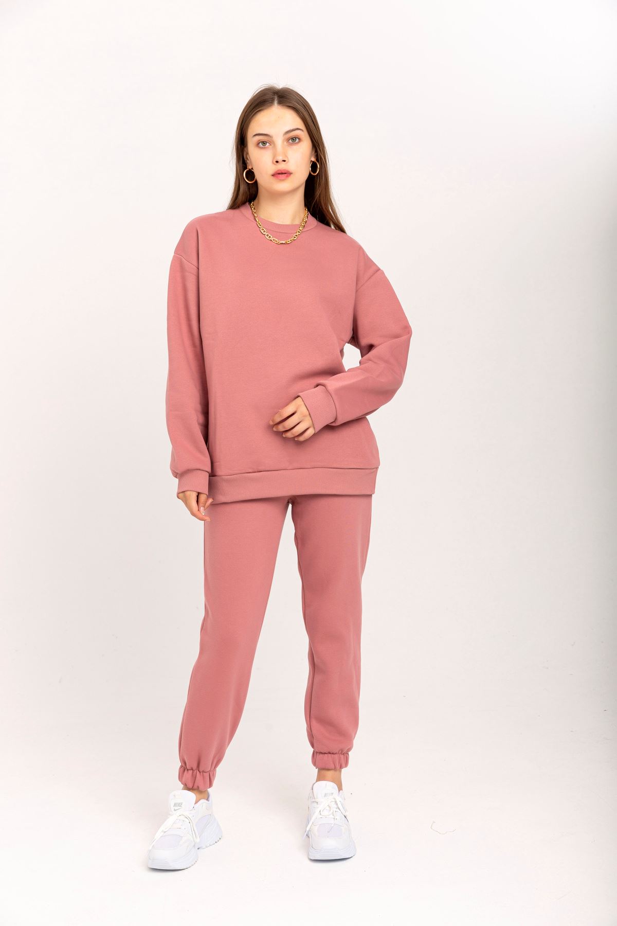 Third Knit With Wool İnside Fabric Long Sleeve Below Hip Women Sweatshirt - Rose 