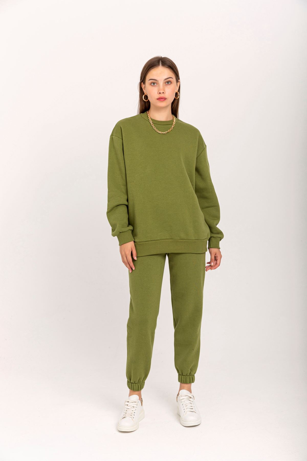Third Knit With Wool İnside Fabric Long Sleeve Below Hip Women Sweatshirt - Khaki 