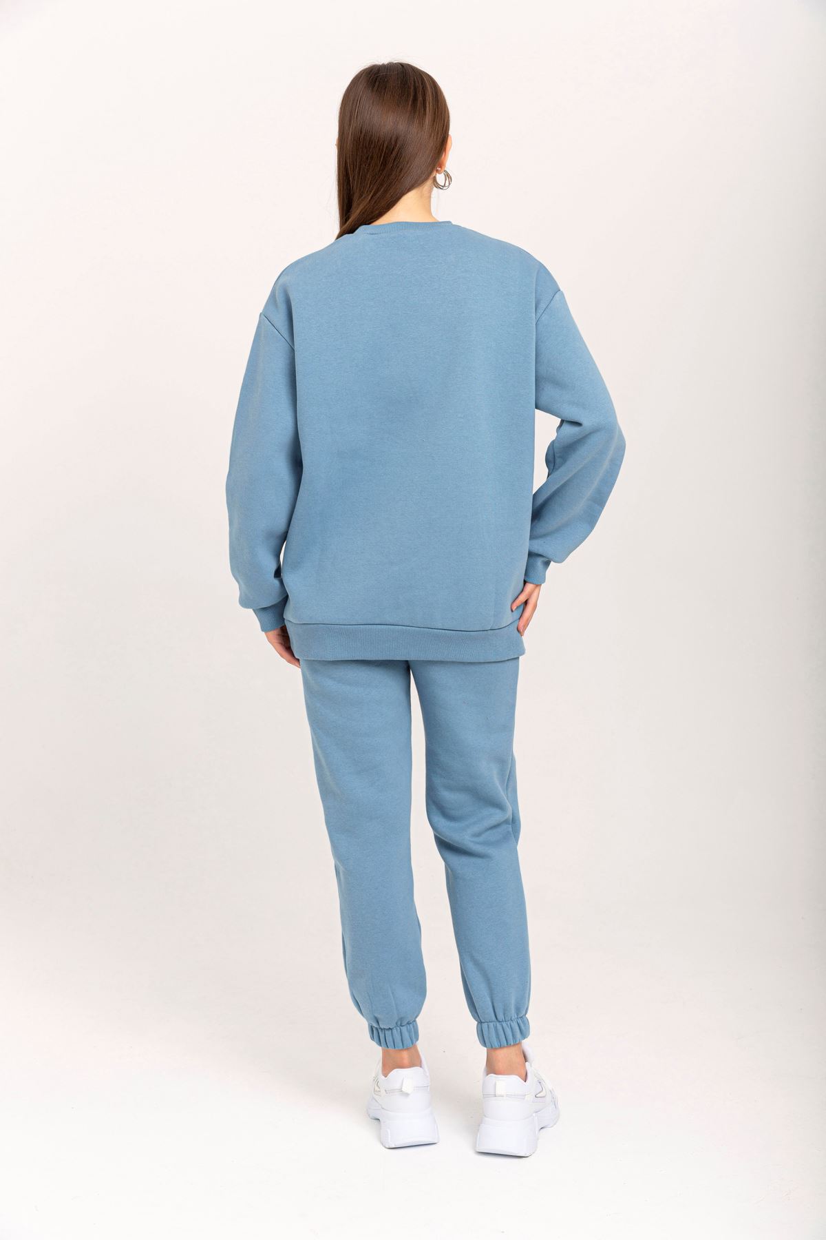 Third Knit With Wool İnside Fabric Long Sleeve Below Hip Women Sweatshirt - Light Blue