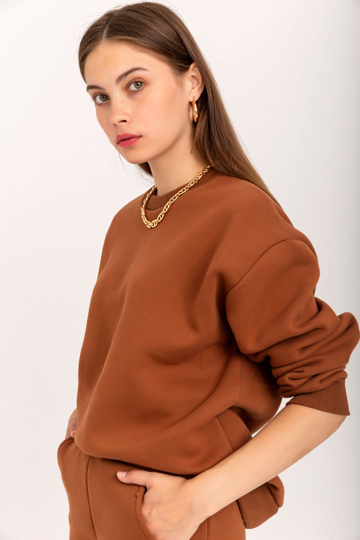 Third Knit With Wool İnside Fabric Long Sleeve Below Hip Women Sweatshirt - Brown