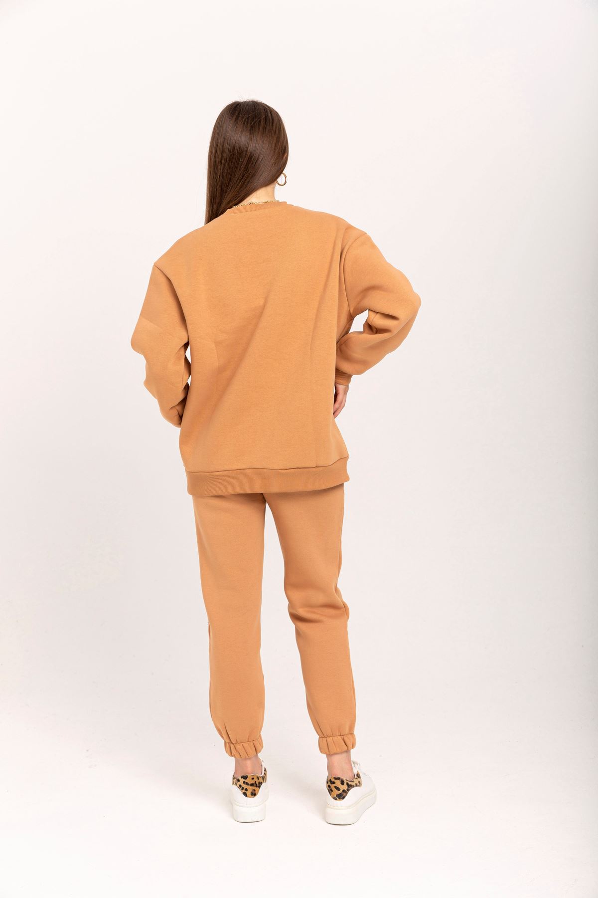 Third Knit With Wool İnside Fabric Long Sleeve Below Hip Women Sweatshirt - Light Brown