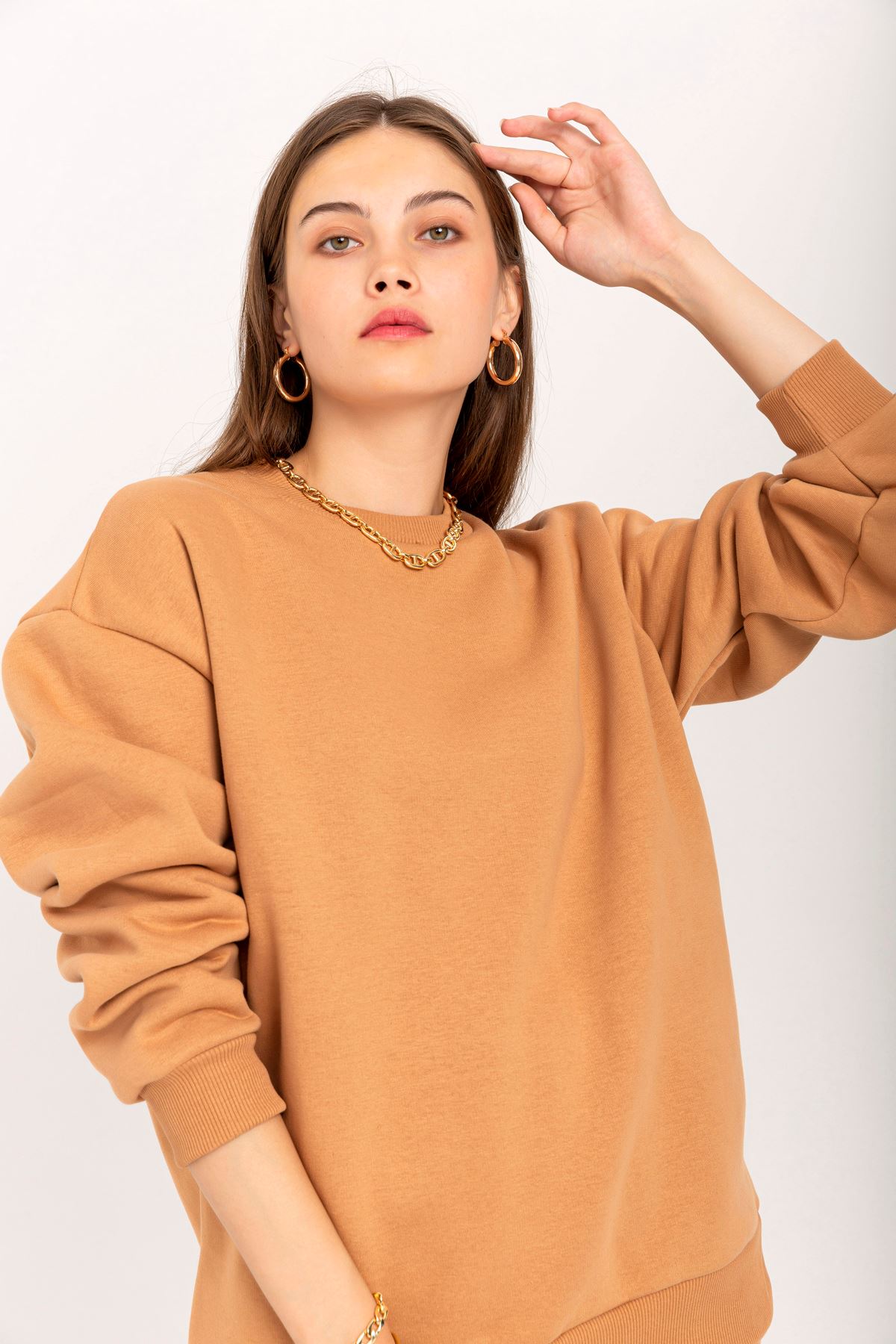 Third Knit With Wool İnside Fabric Long Sleeve Below Hip Women Sweatshirt - Light Brown