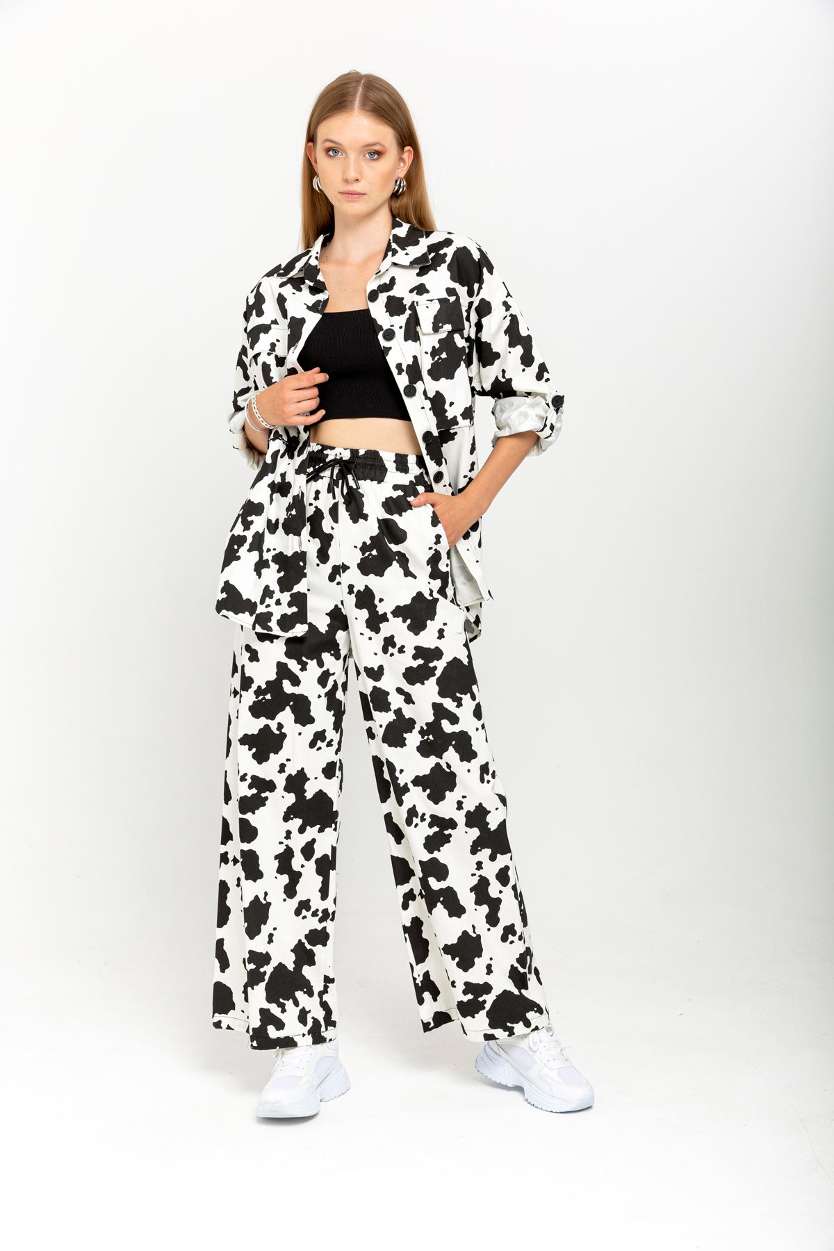 Gabardine Fabric Long Wide Cow Print Women'S Trouser - Ecru