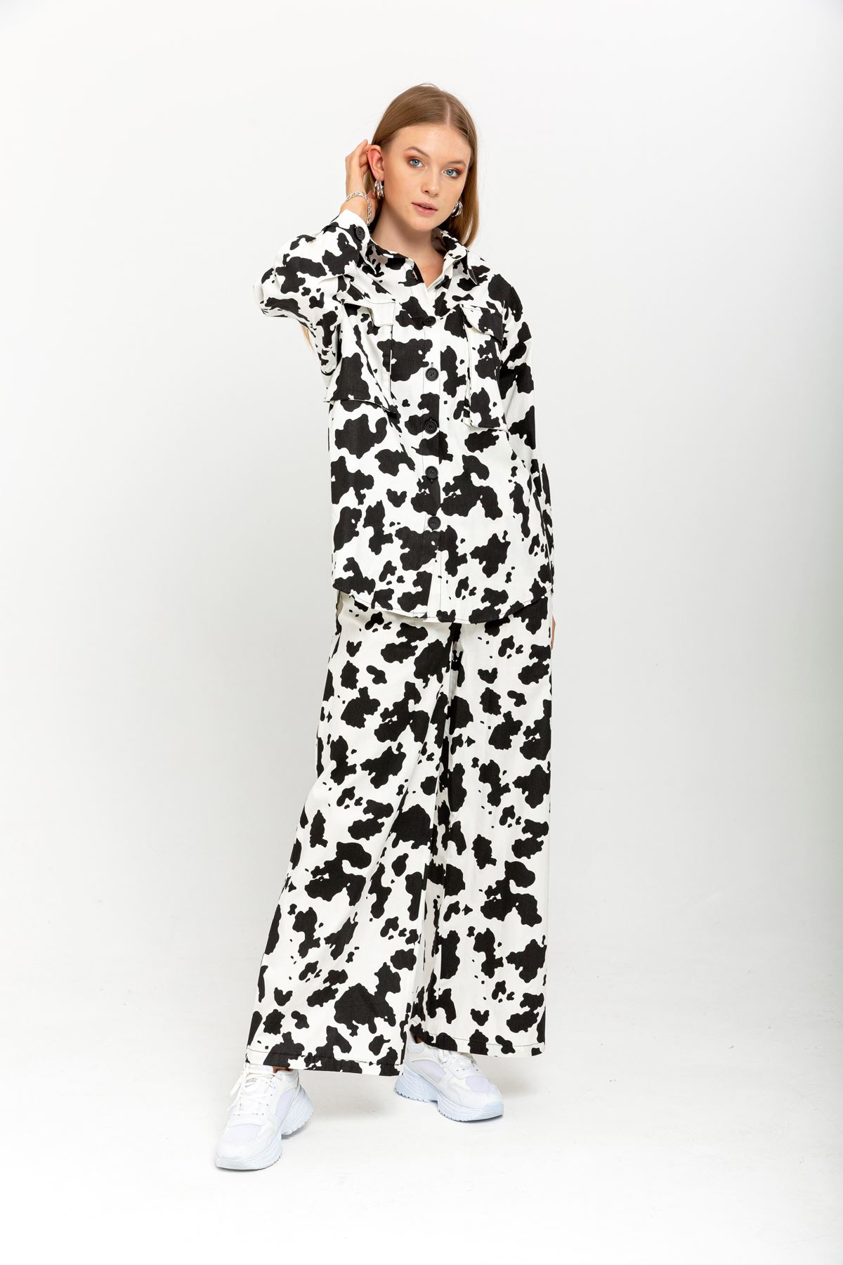 габардин ткань длинный коровье принт женские брюки - Молочный