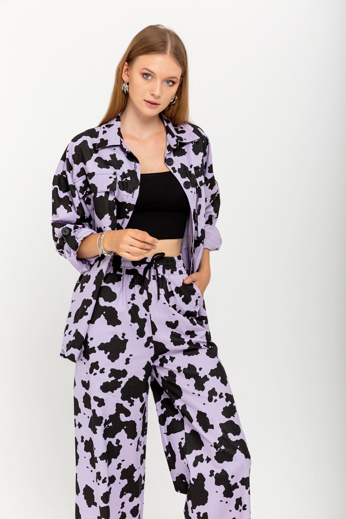 Gabardine Fabric Long Wide Cow Print Women'S Trouser - Lilac