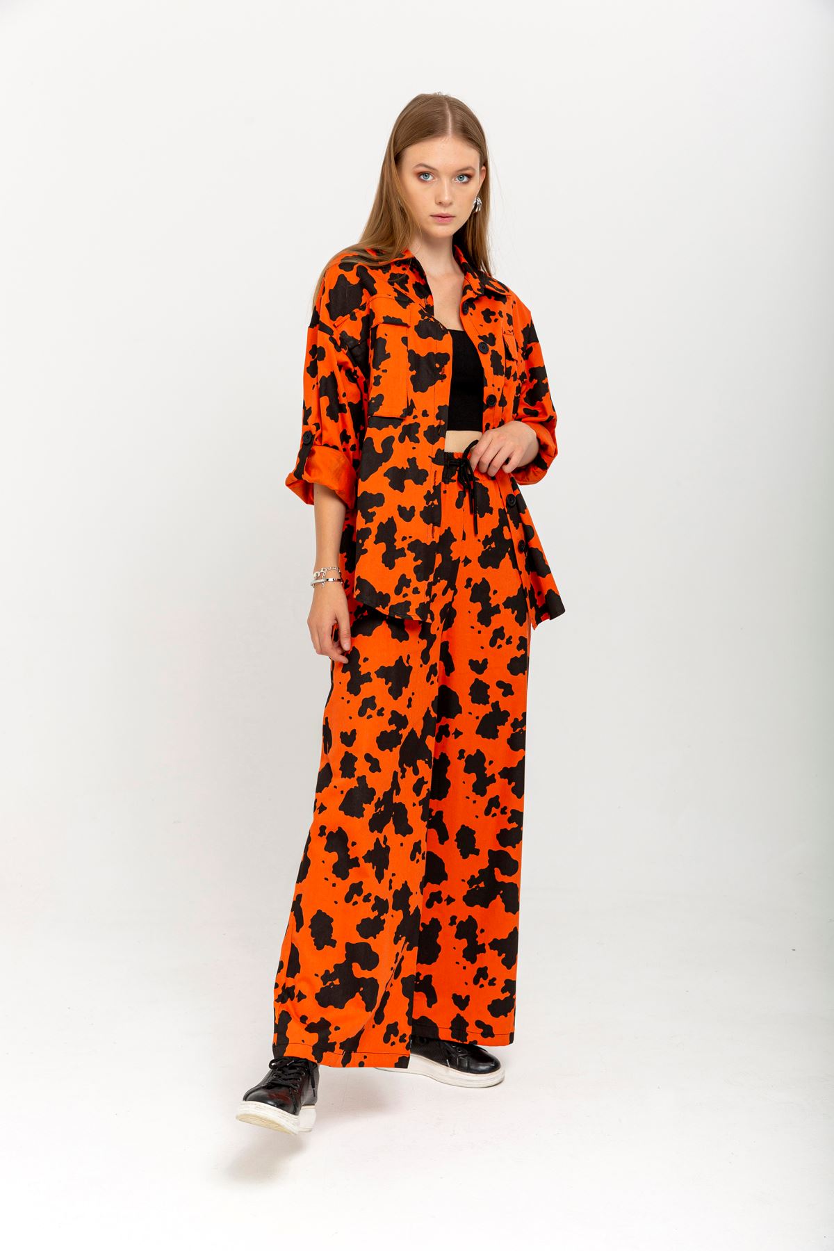 Gabardine Fabric Long Wide Cow Print Women'S Trouser - Orange
