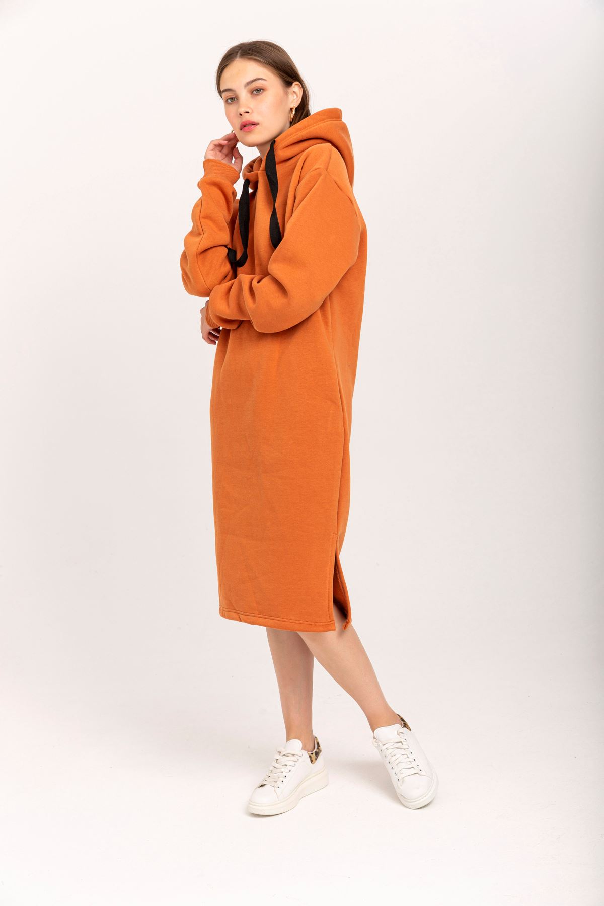 Third Knit With Wool İnside Fabric Long Sleeve Hooded Oversize Women Dress - Cinnamon 