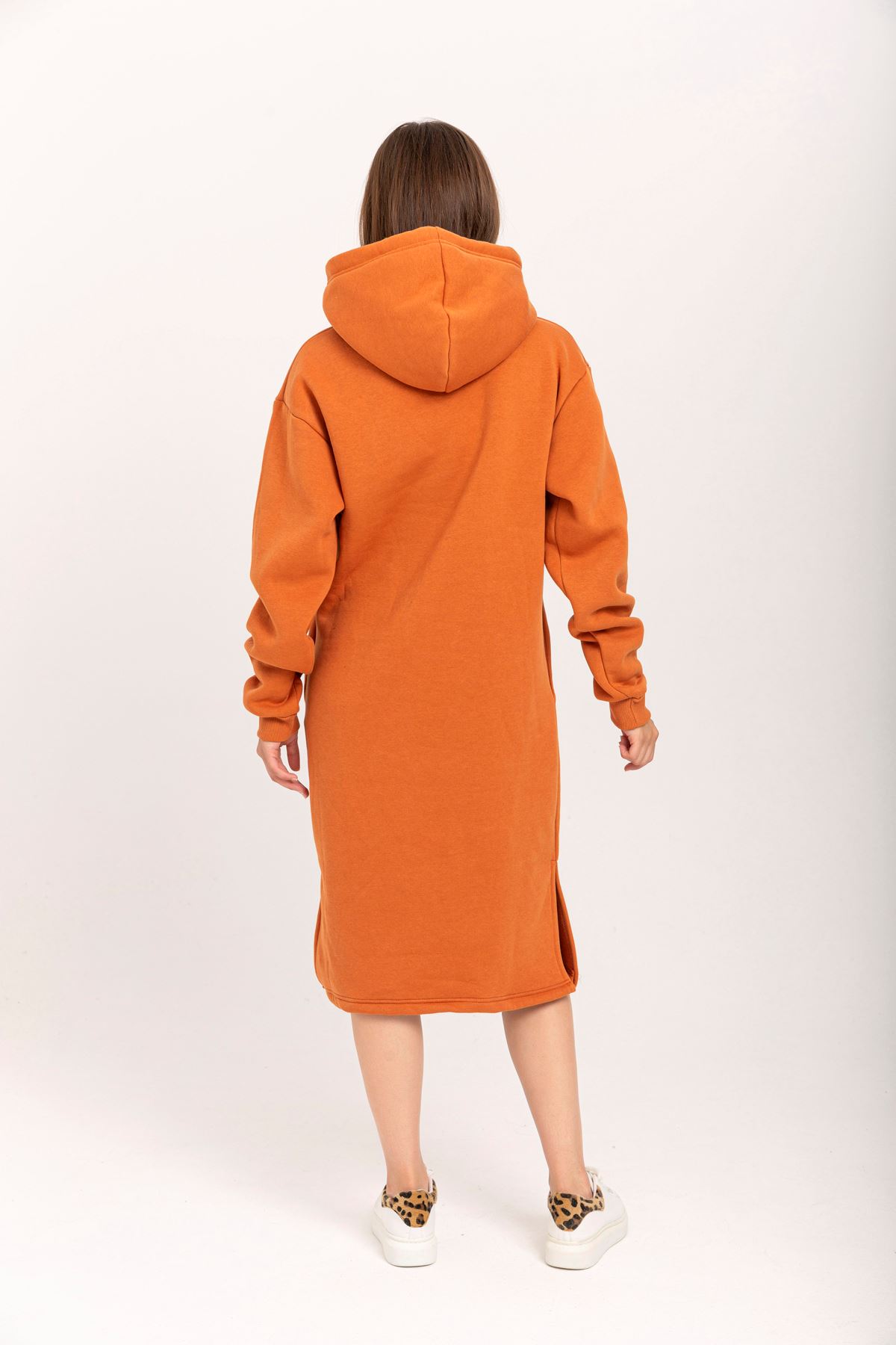 Third Knit With Wool İnside Fabric Long Sleeve Hooded Oversize Women Dress - Cinnamon 