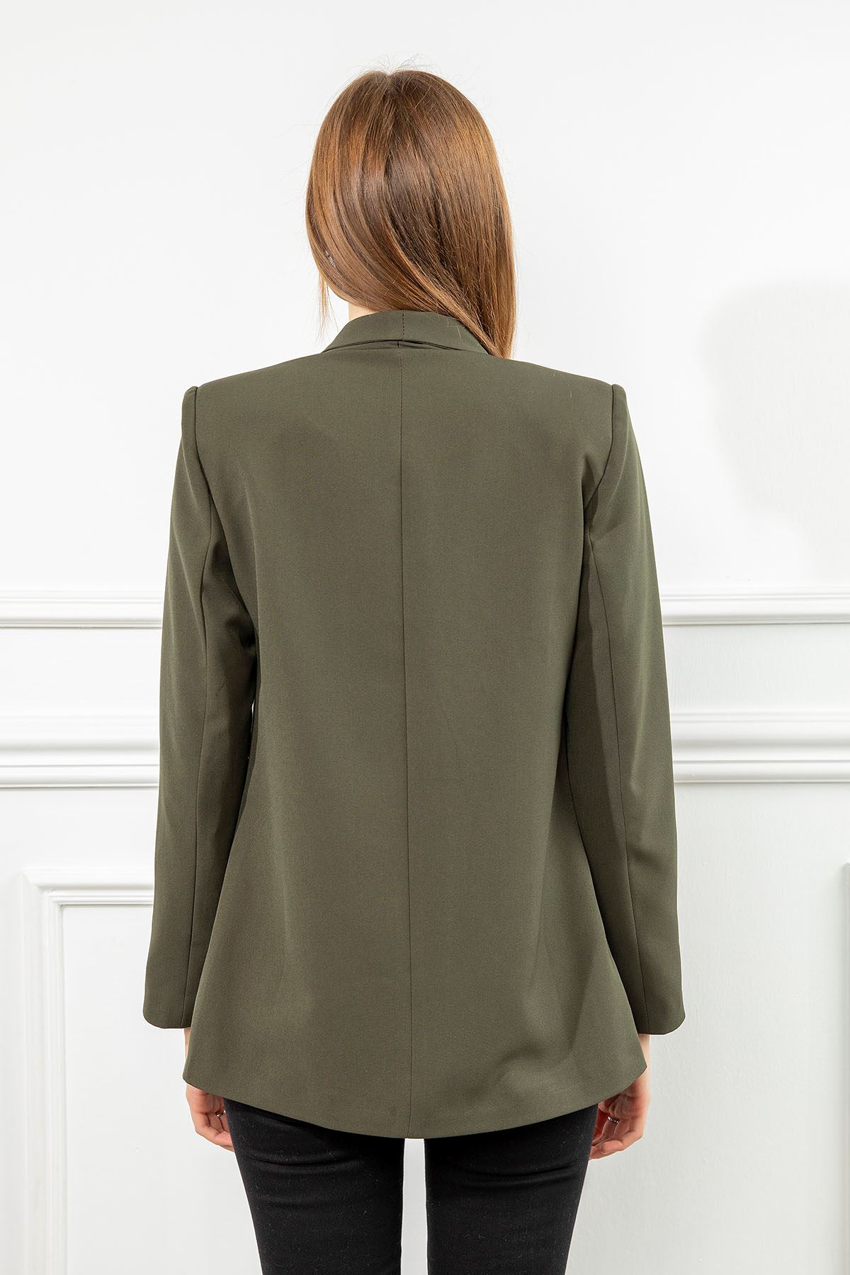 Polyester Fabric Shawl Collar Hip Height Classical Blazer Women Jacket - Khaki 