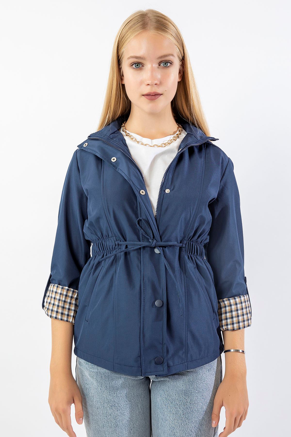 Hooded Hip Height Women Raincoat - Navy Blue 