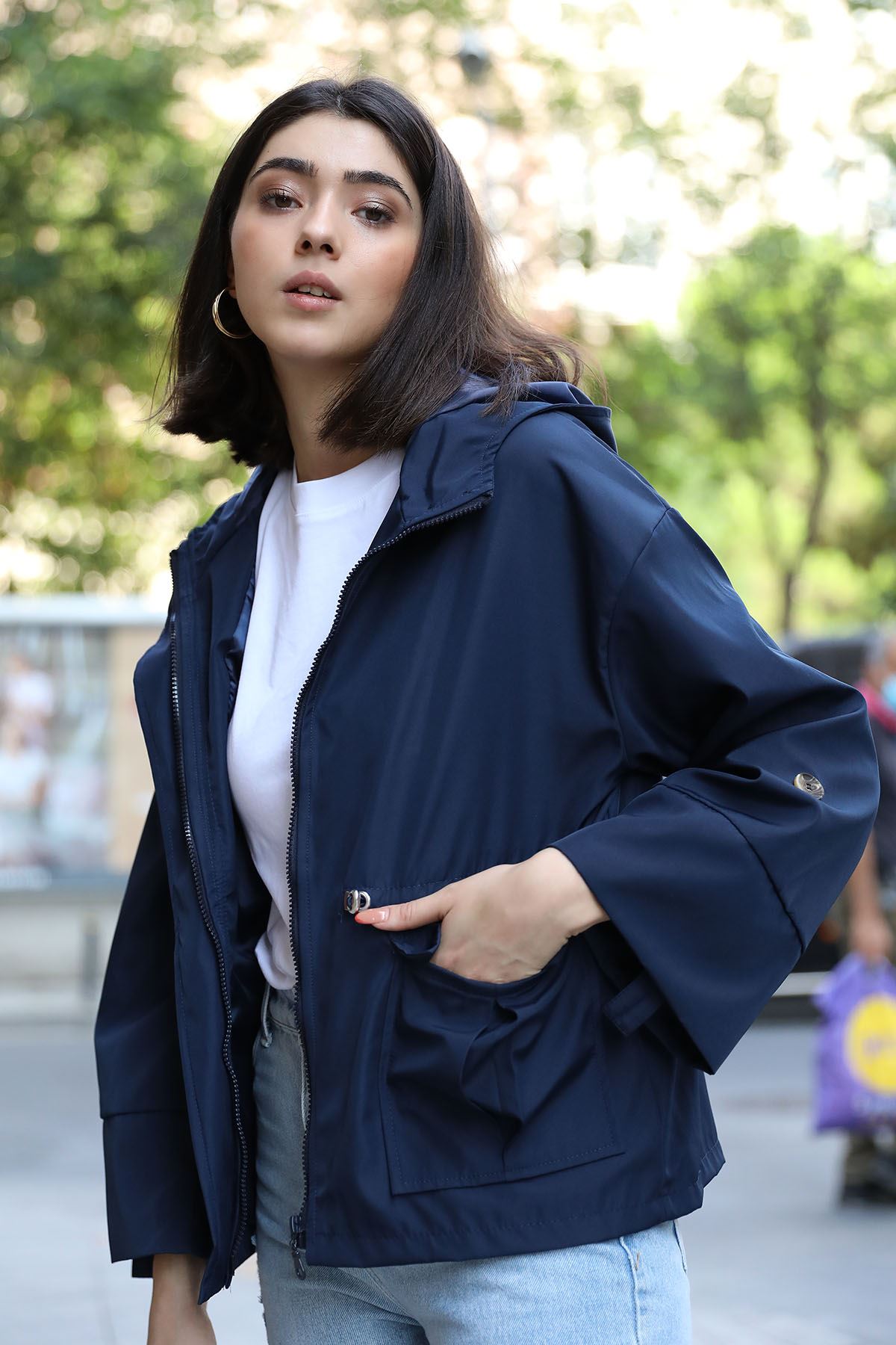 Long Sleeve Hooded Hip Height Oversize Shirred Waist Pocket Detailed Women Raincoat - Navy Blue 