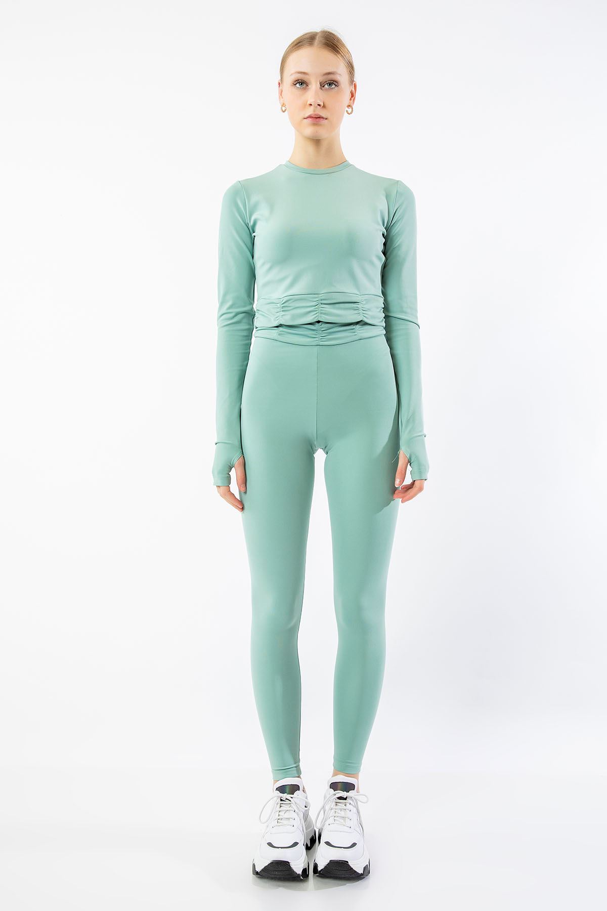 Scuba Fabric Long Shirred Women Tights Collection - Mint