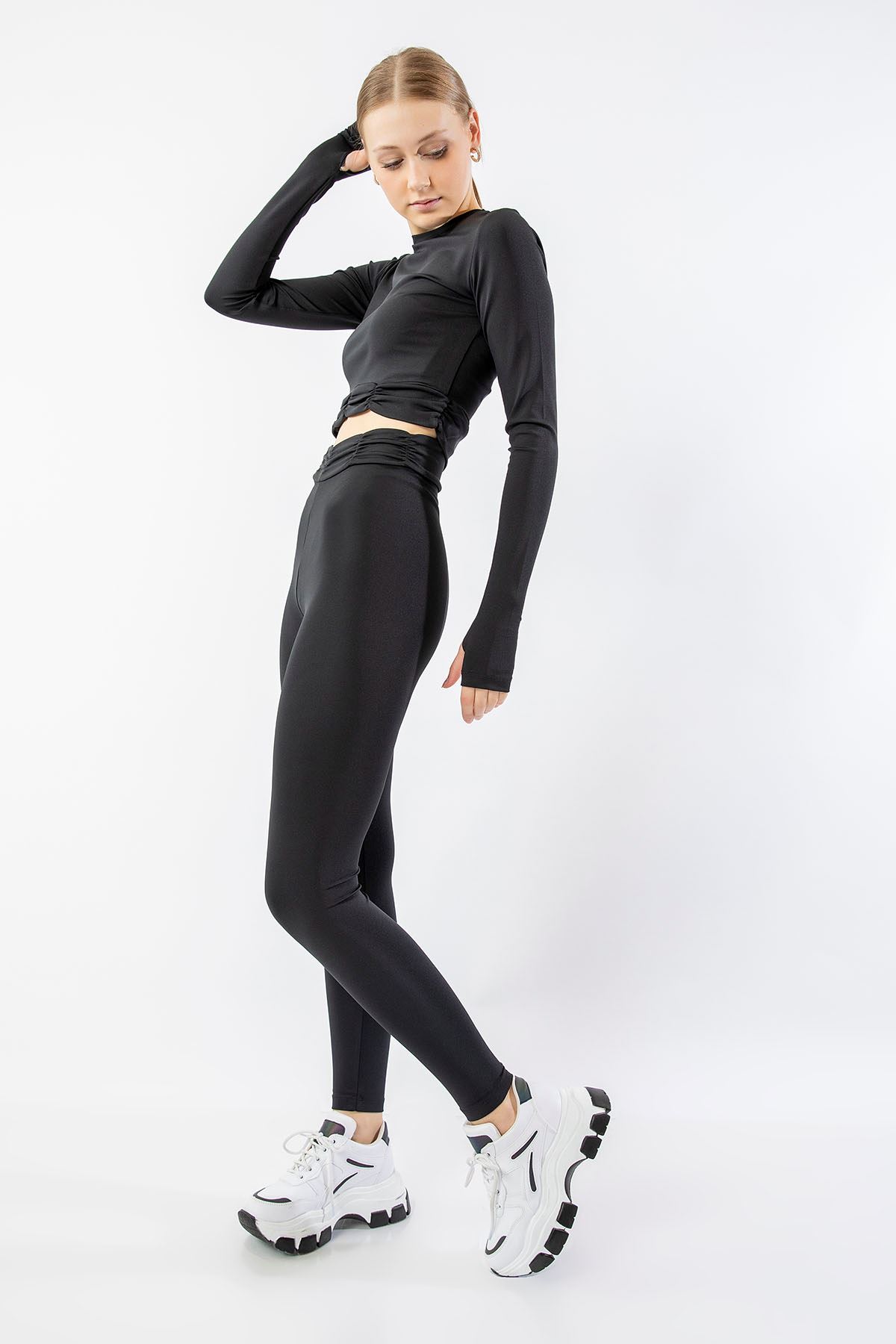 Scuba Fabric Long Shirred Women Tights Collection - Black
