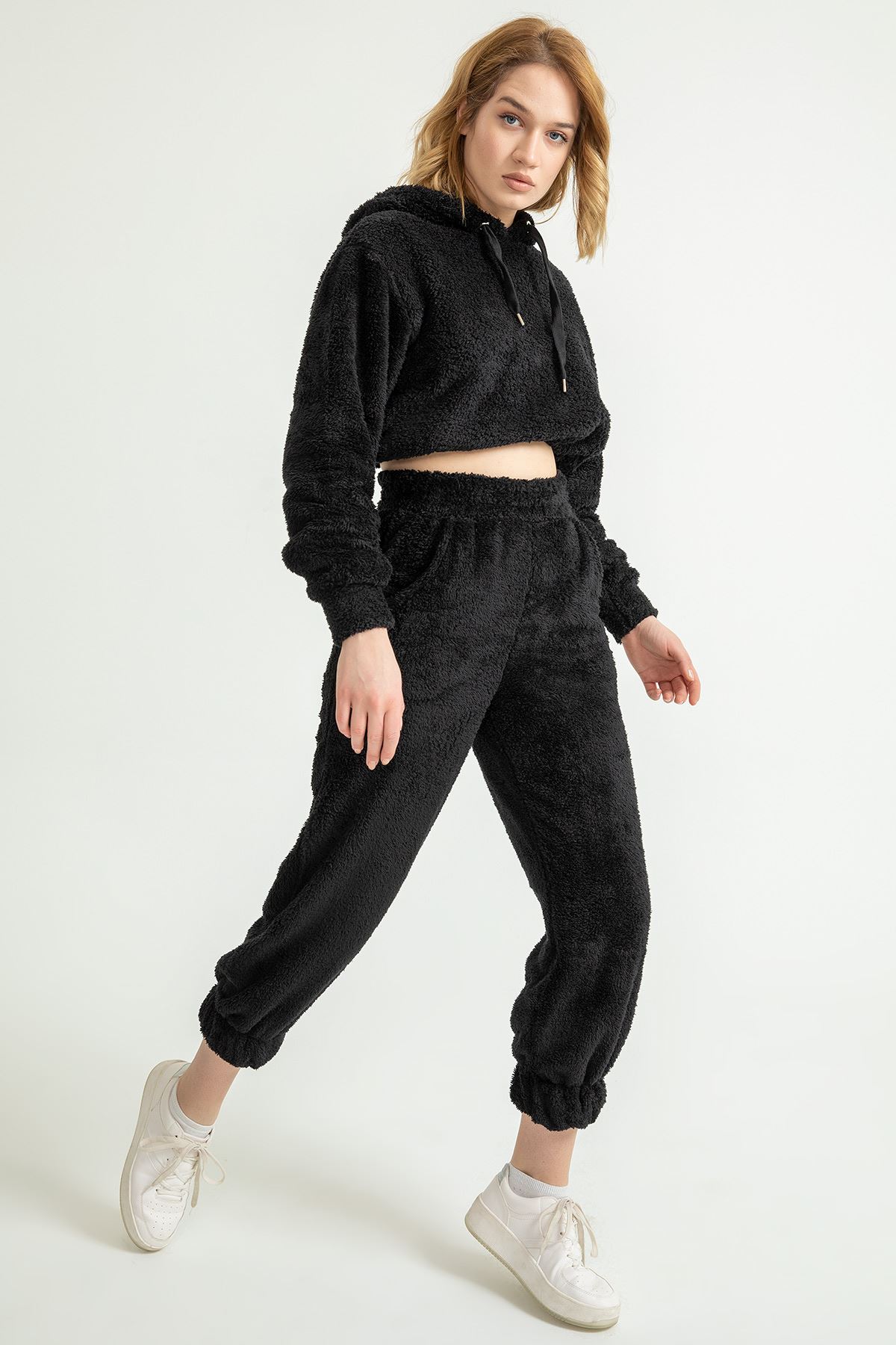 Velsoft Fabric Long Sleeve Hooded Crop Comfy Women Sweatshirt - Black