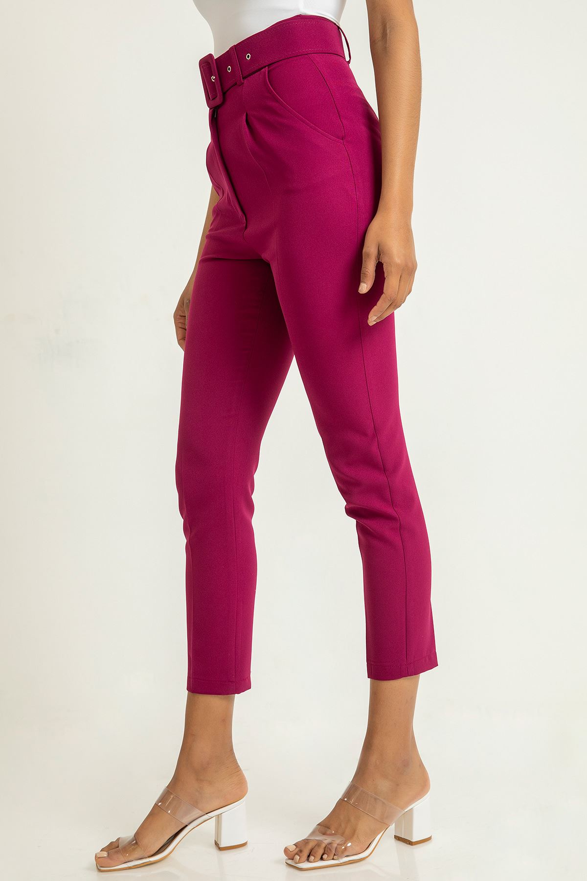 Atlas Fabric Ankle Length Tight Fit Women'S Trouser With Belt - Plum
