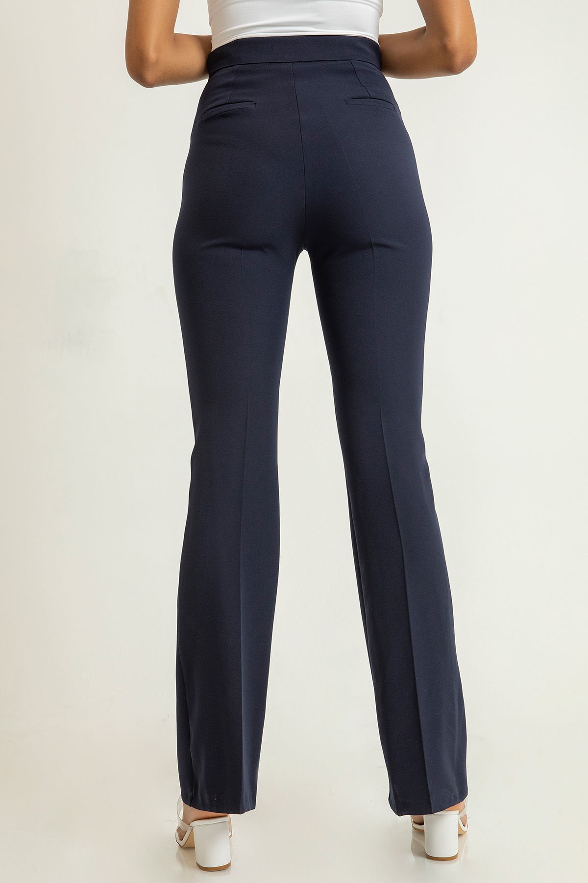 атласный ткань длинные Женские брюки клеш - Темно синий