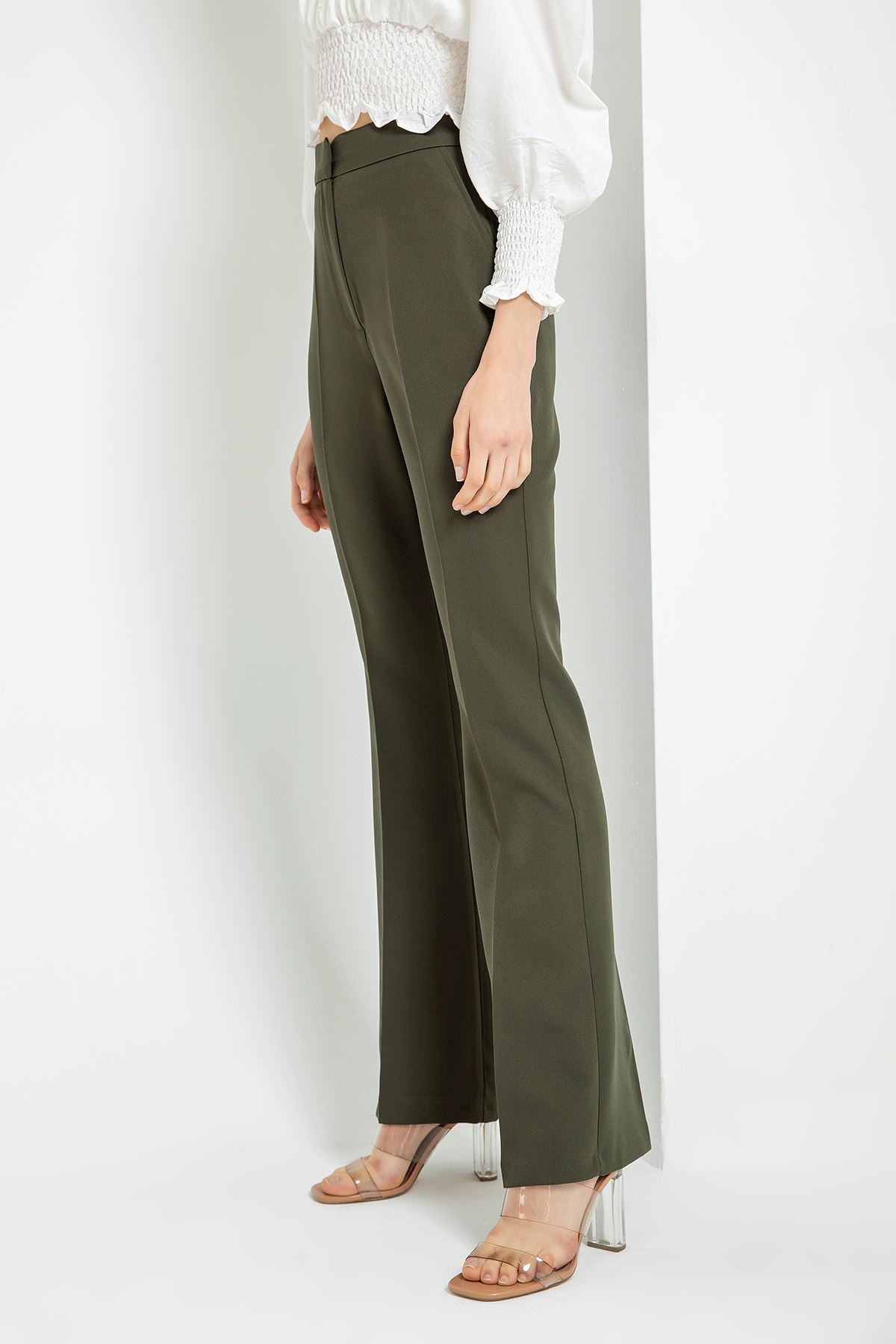 атласный ткань длинные Женские брюки клеш - Хаки