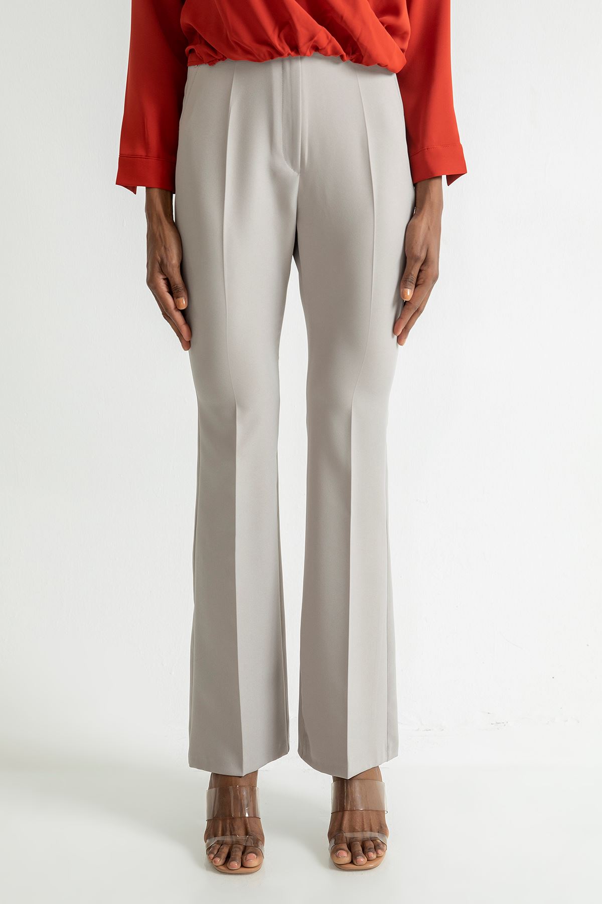 атласный ткань длинные Женские брюки клеш - Серый