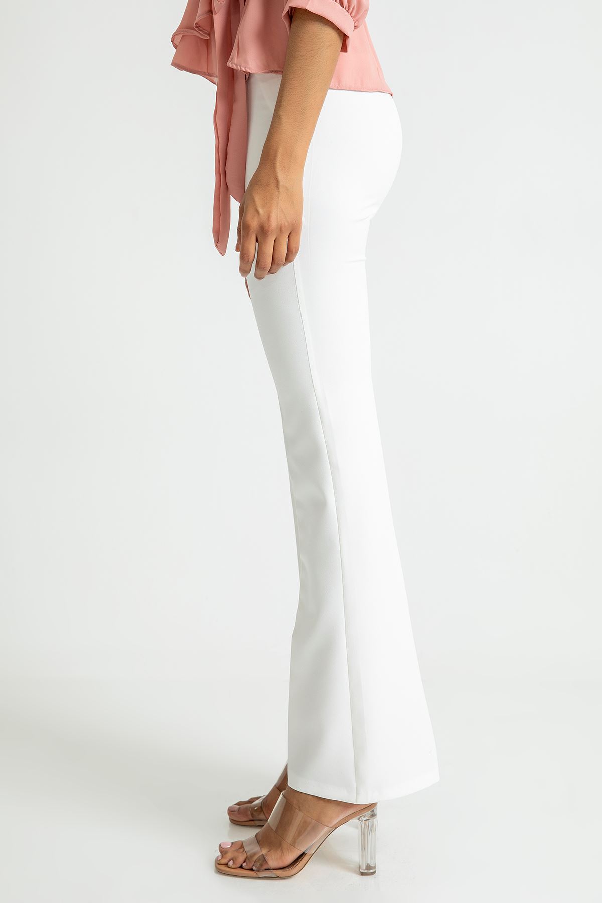 атласный ткань длинные Женские брюки клеш - Молочный
