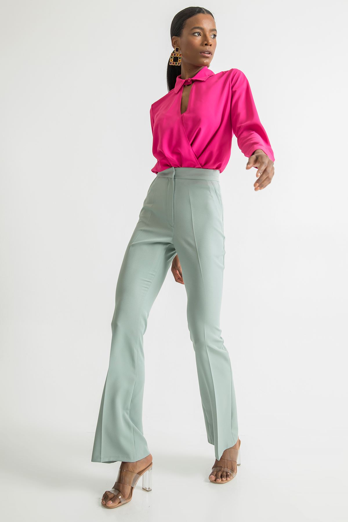 Atlas Kumaş Uzun Boy İspanyol Paça Kadın Pantolon-Mint