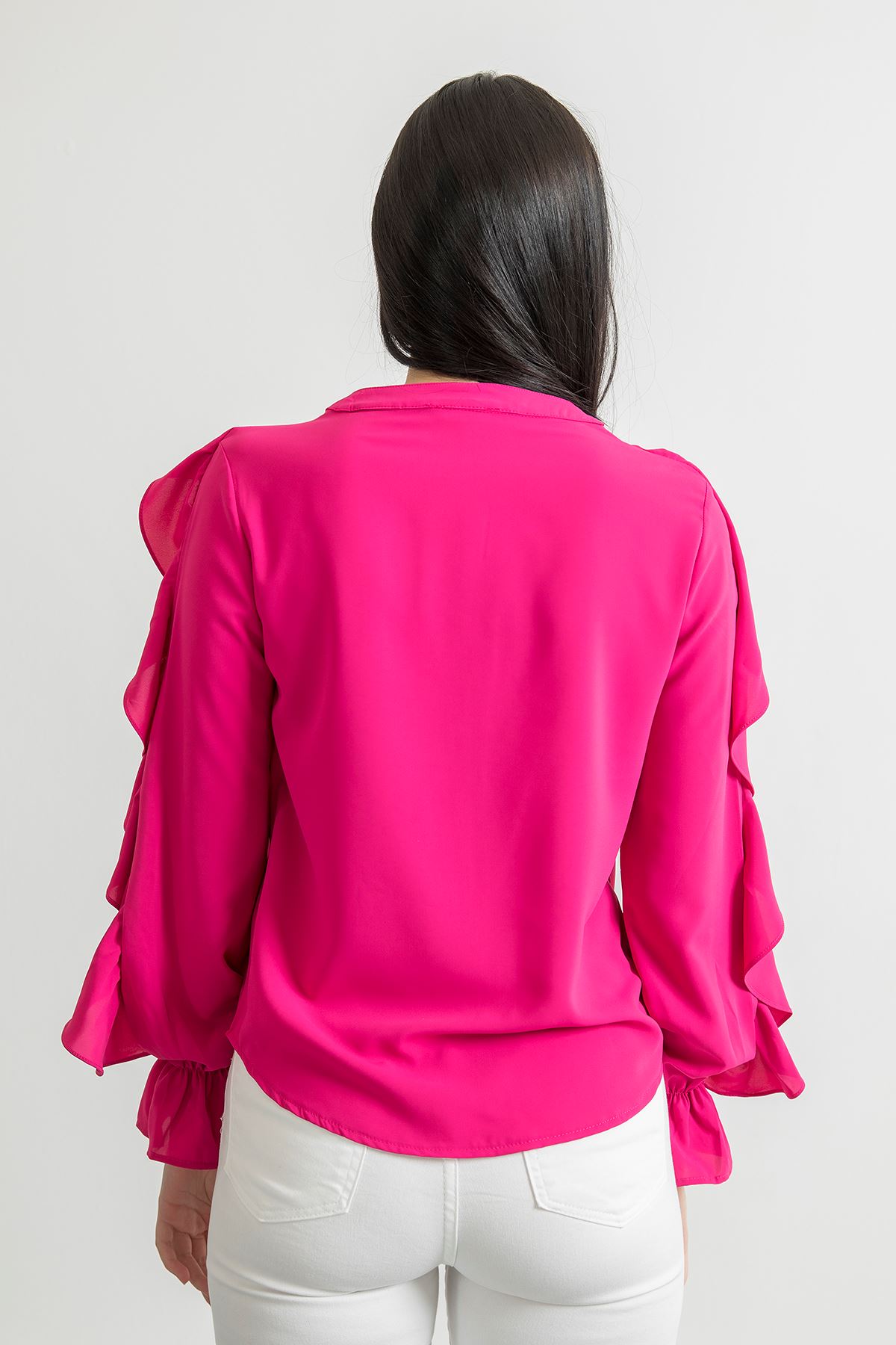 джессика ткань V-образный вырез женская рубашка с воланами - фуксия