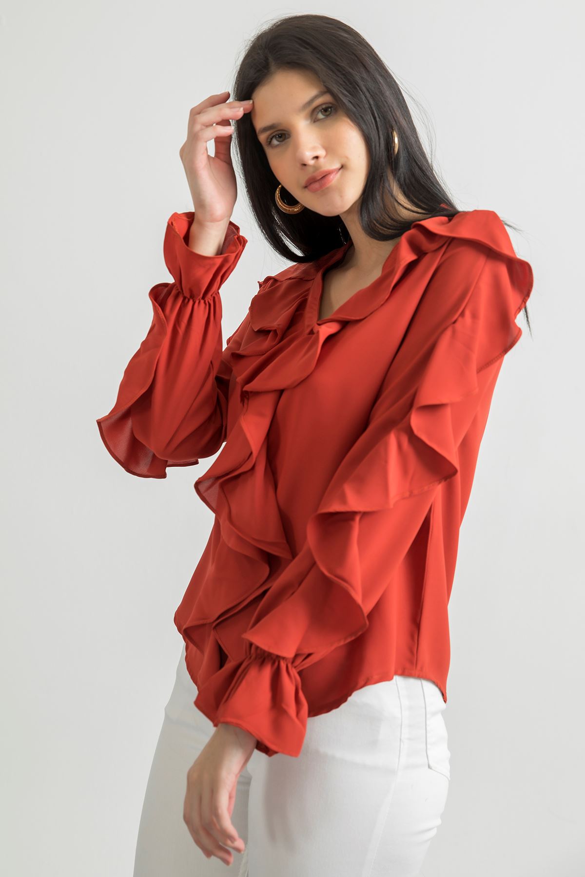 джессика ткань V-образный вырез женская рубашка с воланами - Оранжевый