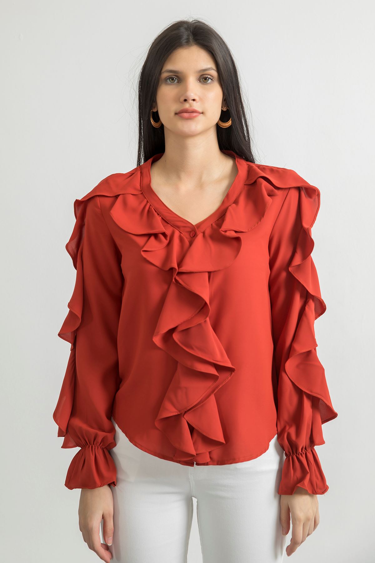 джессика ткань V-образный вырез женская рубашка с воланами - Оранжевый
