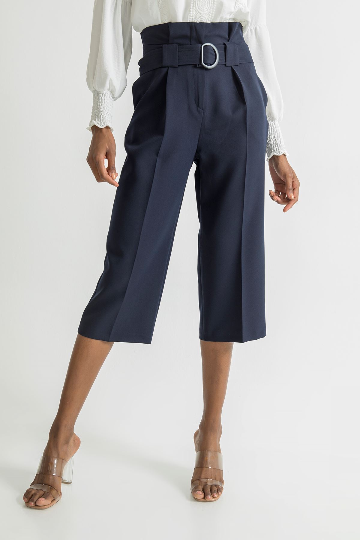 атласный ткань 3/4 длина широкие женские брюки - Темно синий