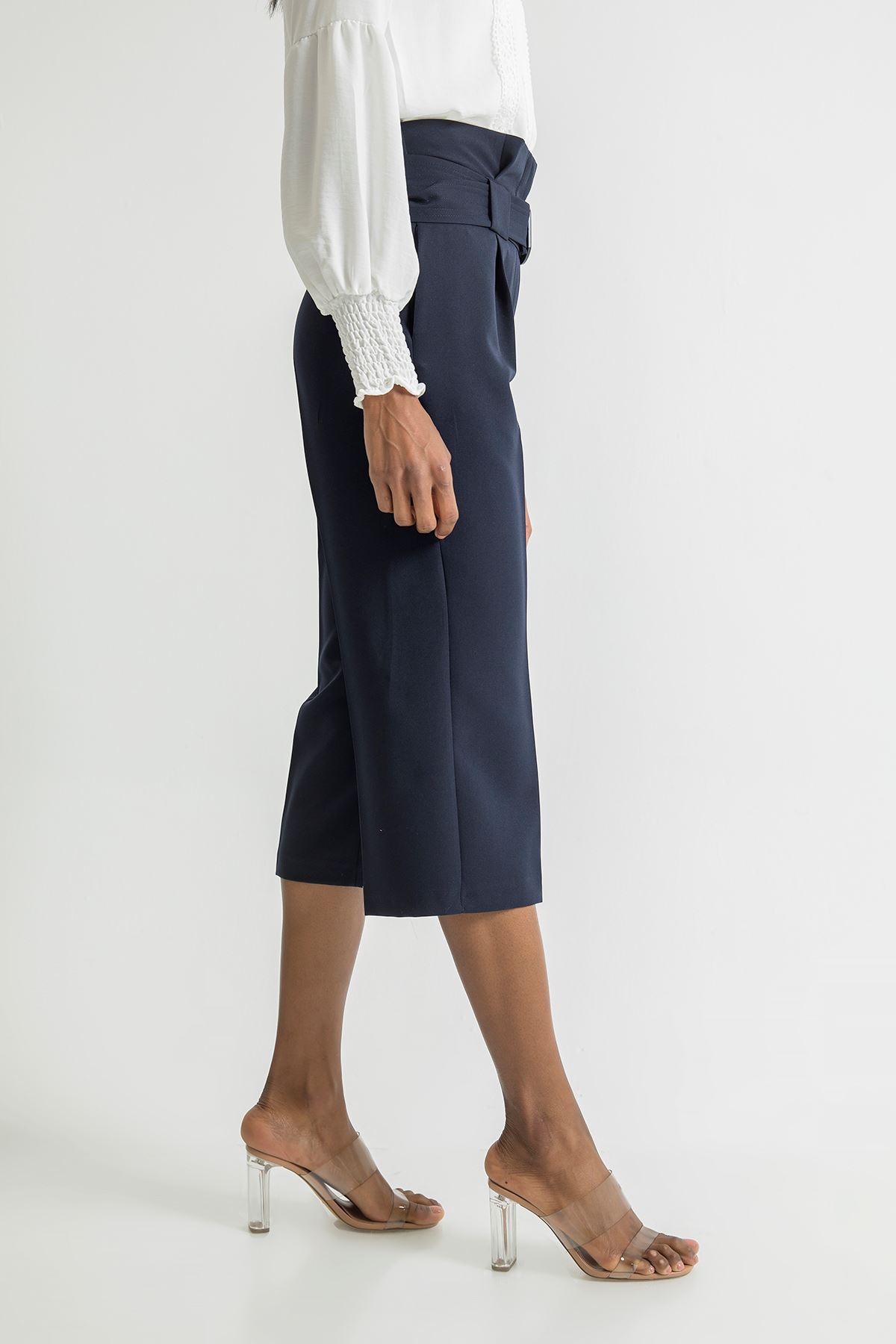 атласный ткань 3/4 длина широкие женские брюки - Темно синий