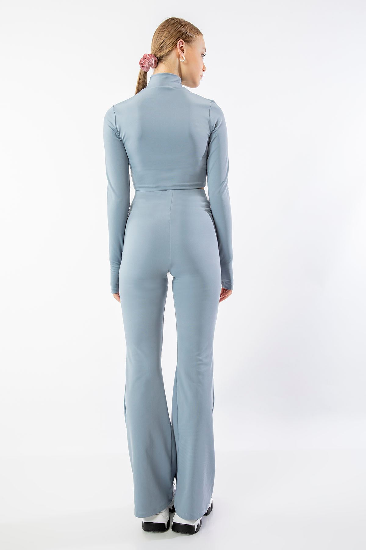 Scuba Fabric Long Sleeve High Neck Maxi Women Crop - Grey