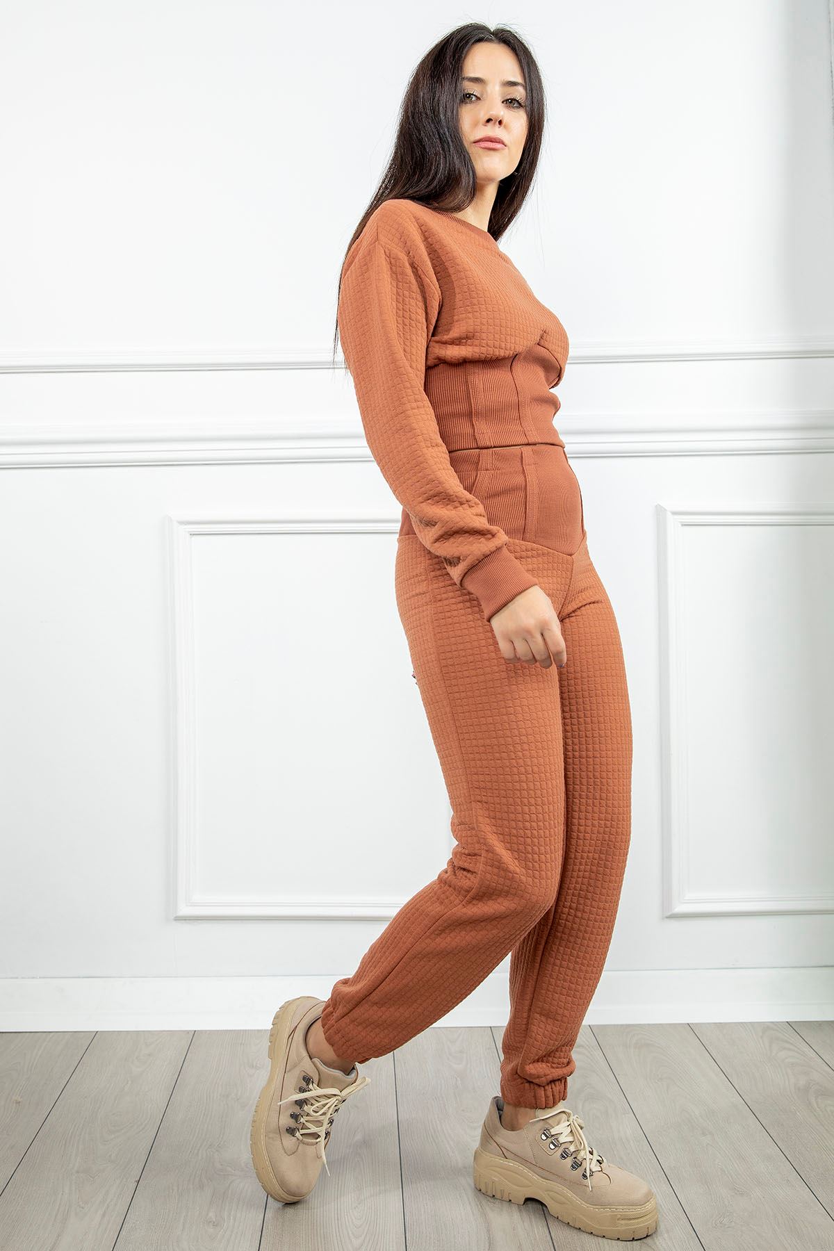 Honeycomb Fabric Long Comfy Fit Bodice Waist Women'S Sweatpant - Brick 