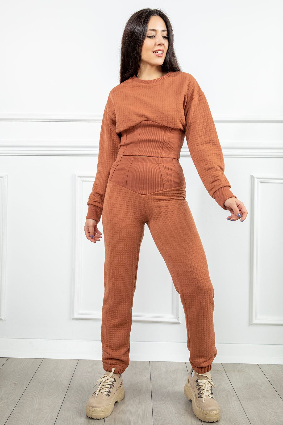 Honeycomb Fabric Long Comfy Fit Bodice Waist Women'S Sweatpant - Brick 