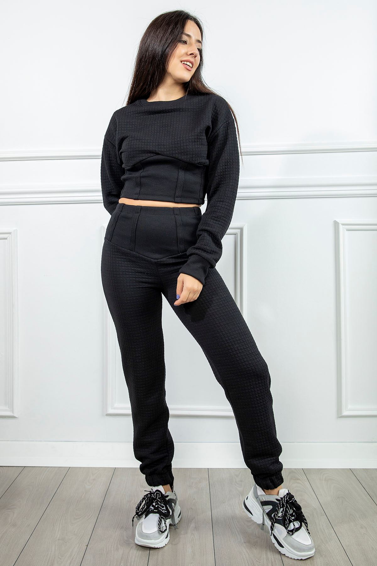 Honeycomb Fabric Long Comfy Fit Bodice Waist Women'S Sweatpant - Black