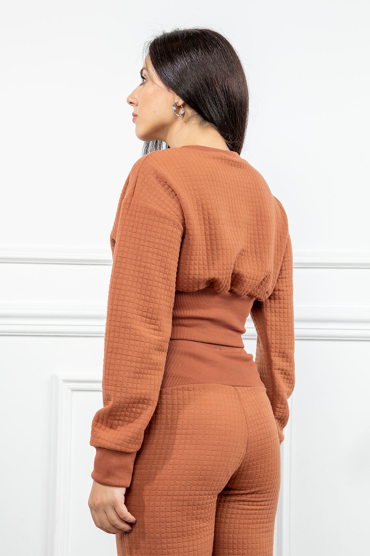 сотовая ткань с круглым вырезом с корсетом женский свитшот - Оранжевый