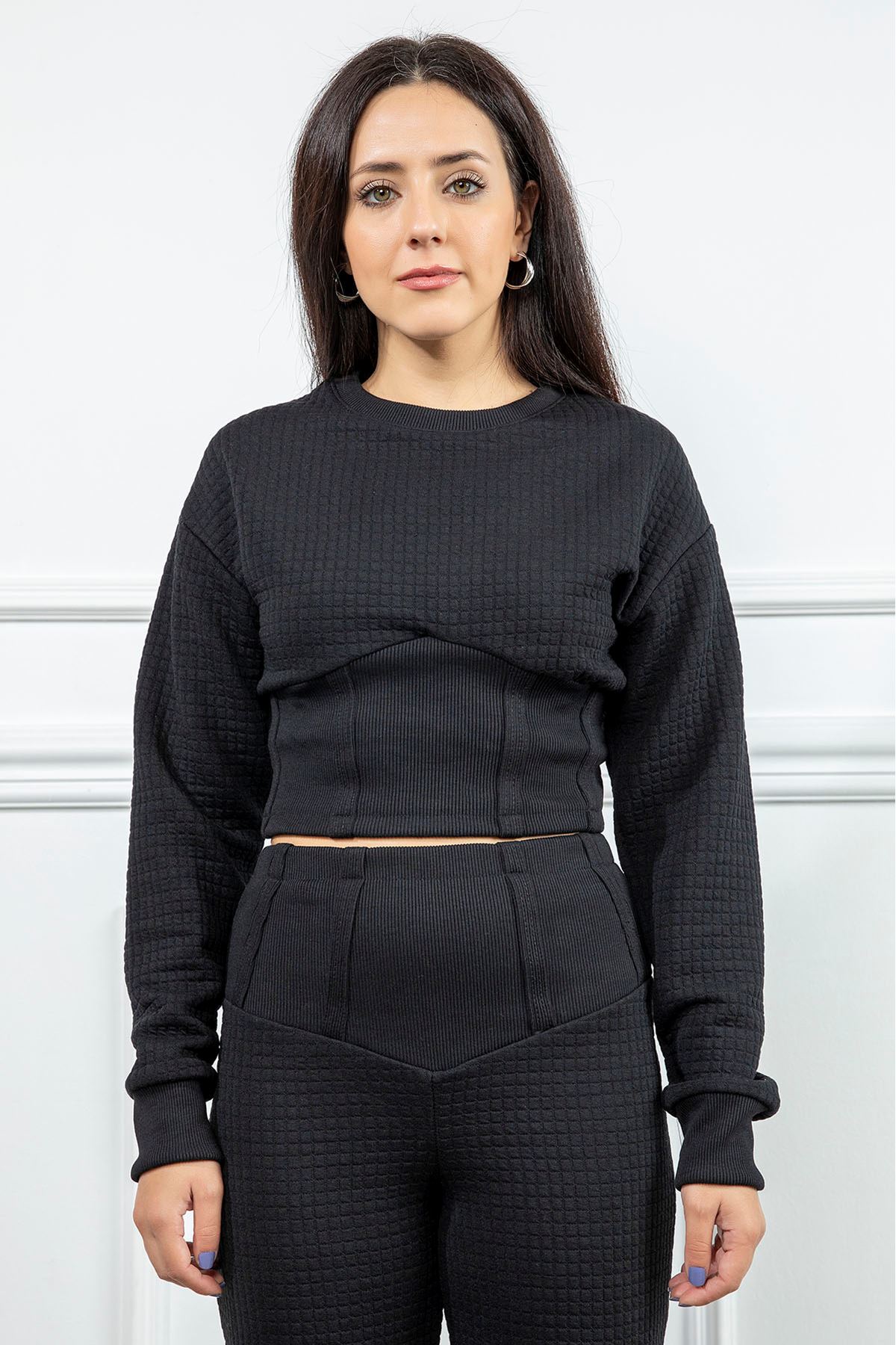 Honeycomb Fabric Bicycle Collar Bodice Waist Women Sweatshirt - Black