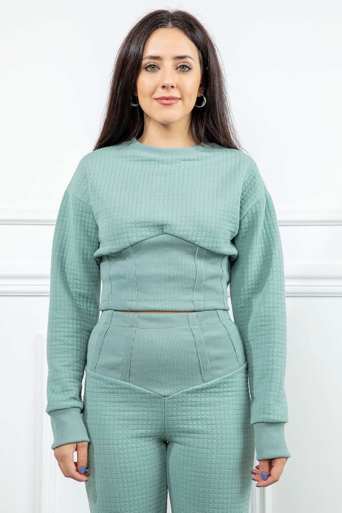 Honeycomb Fabric Bicycle Collar Bodice Waist Women Sweatshirt - Mint