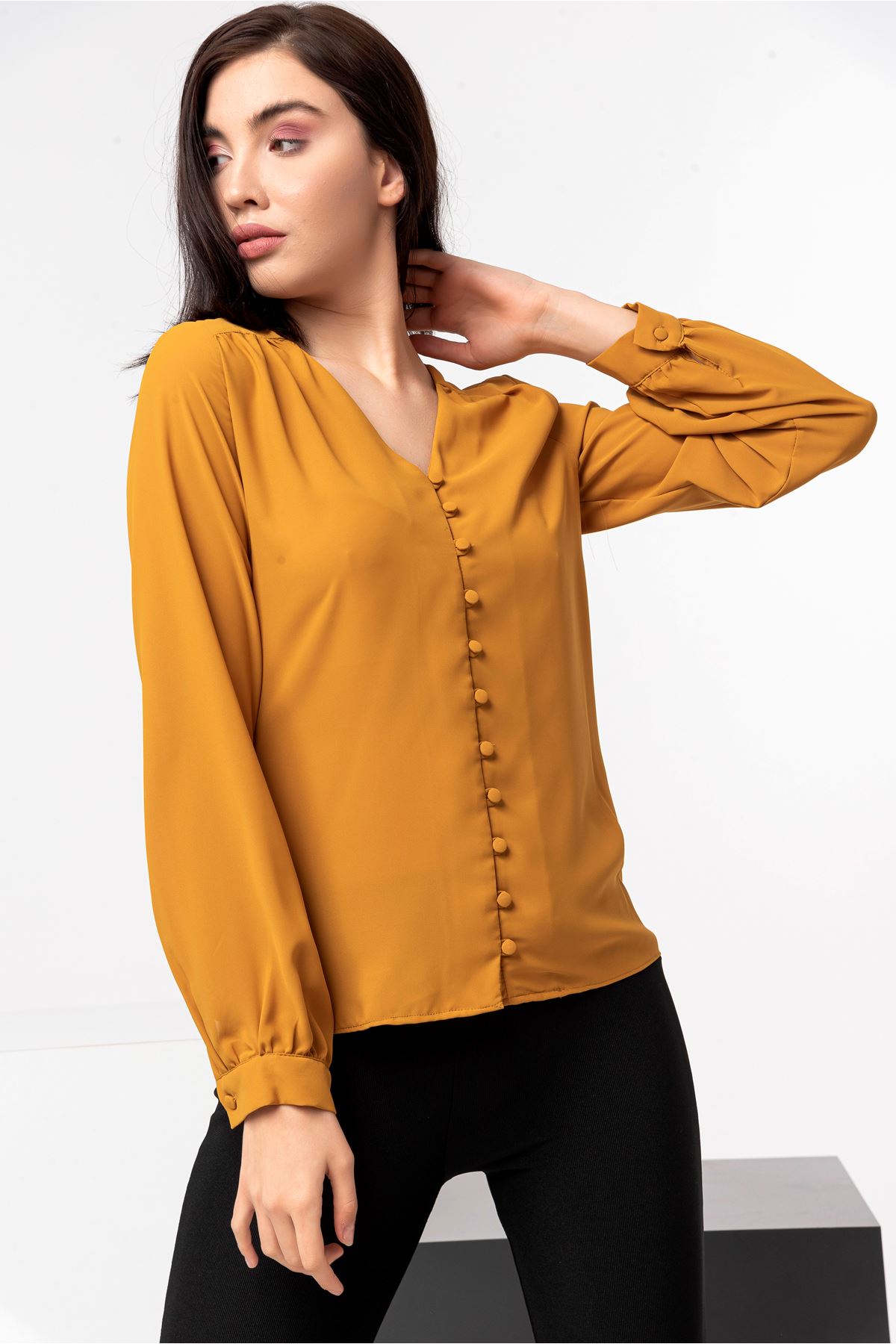 Jesica Fabric Long Sleeve V-Neck Comfy Fit Women'S Shirt - Mustard