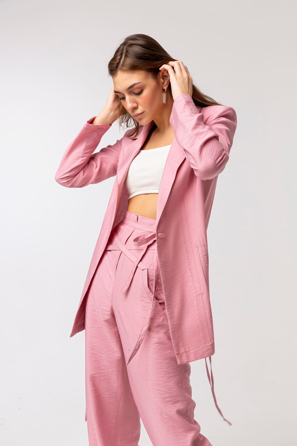 полиэстер ткань ревер воротник женский пиджак - Светло розовый