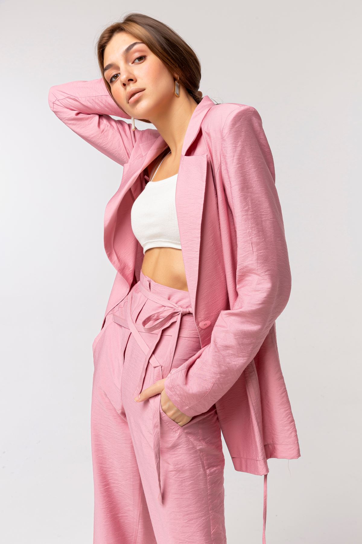 Polyester Fabric Long Sleeve Below Hip Shrried Sides Women Jacket - Light Pink