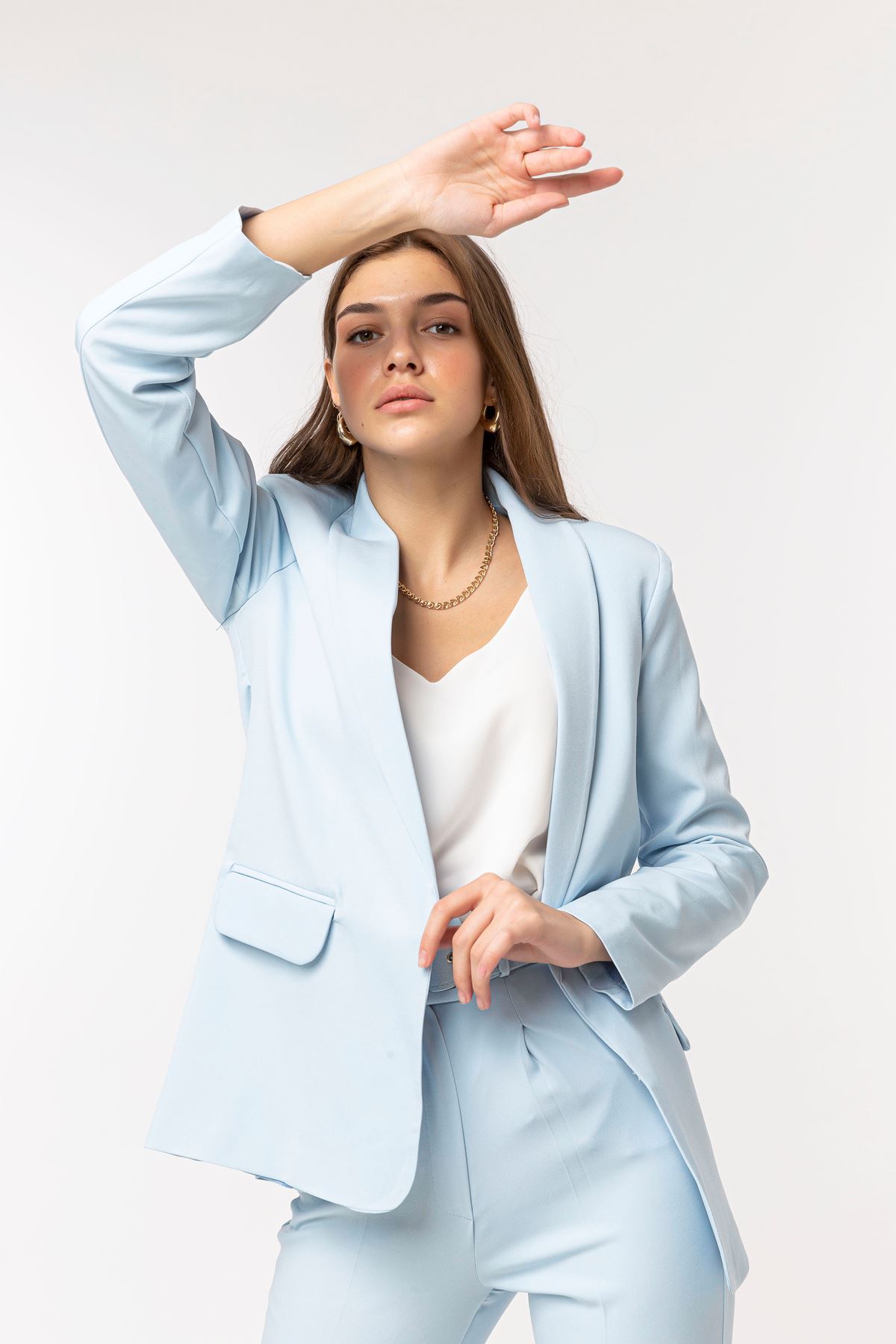 Atlas Fabric Long Sleeve Shawl Collar Below Hip Classical Women Jacket - Light Blue