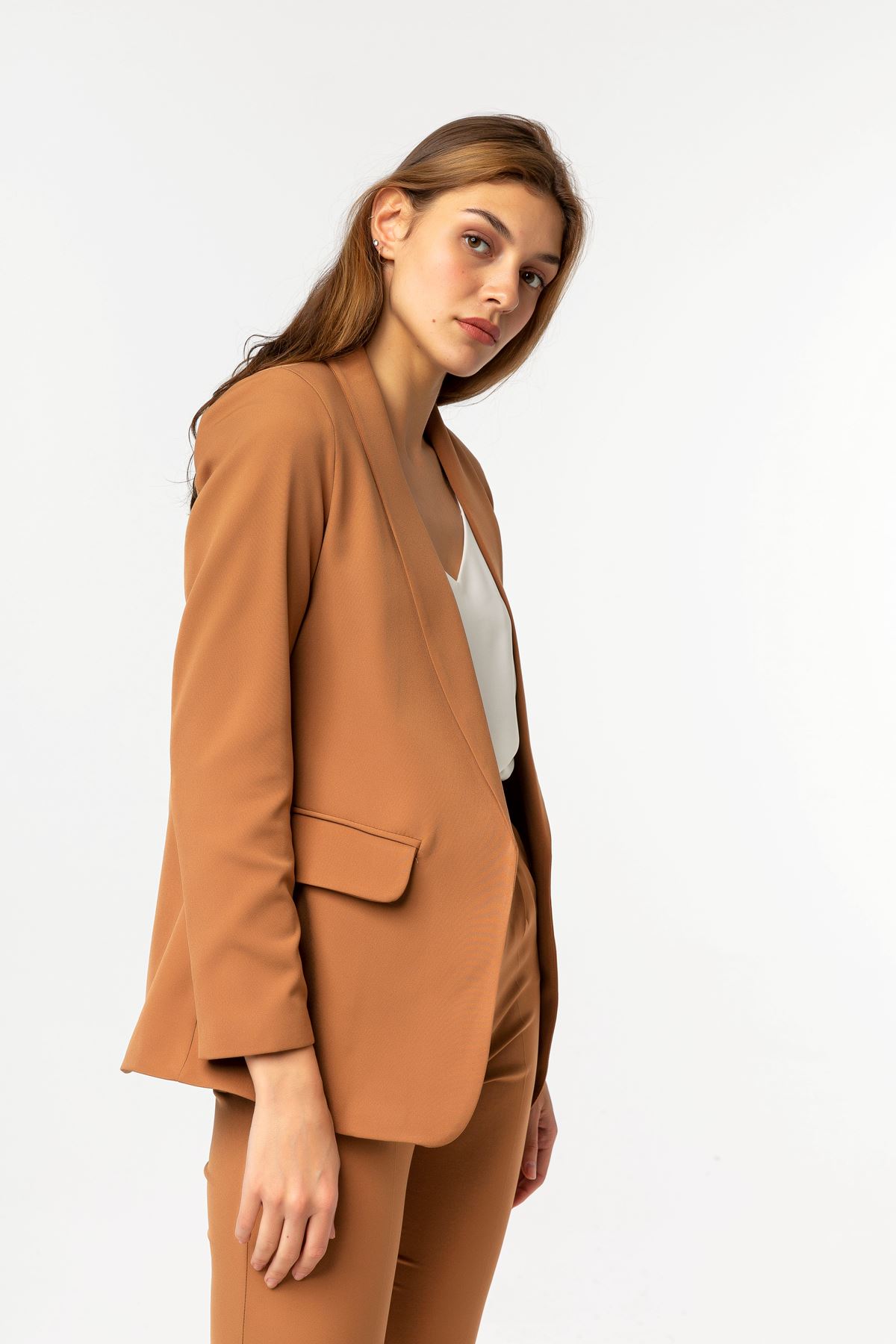 Atlas Fabric Long Sleeve Shawl Collar Below Hip Classical Women Jacket - Brown