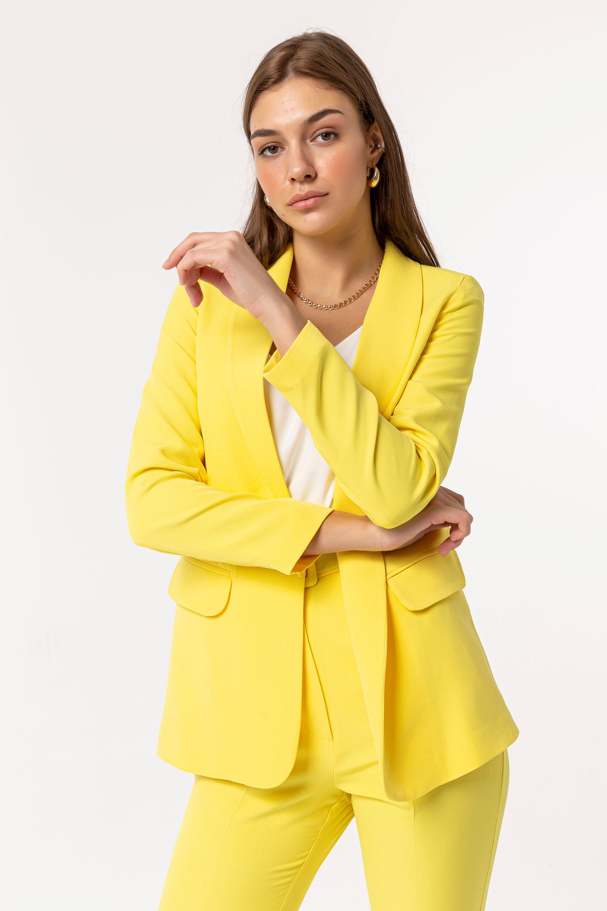 Atlas Fabric Long Sleeve Shawl Collar Below Hip Classical Women Jacket - Yellow
