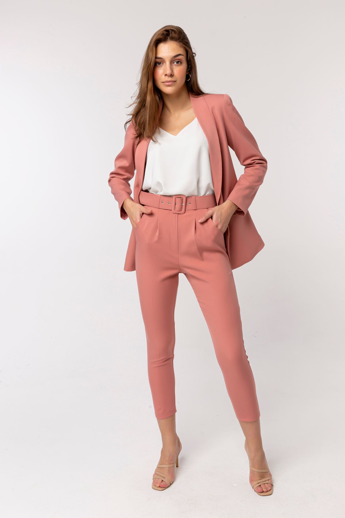 Atlas Fabric Ankle Length Women'S Trouser With Belt - Light Pink