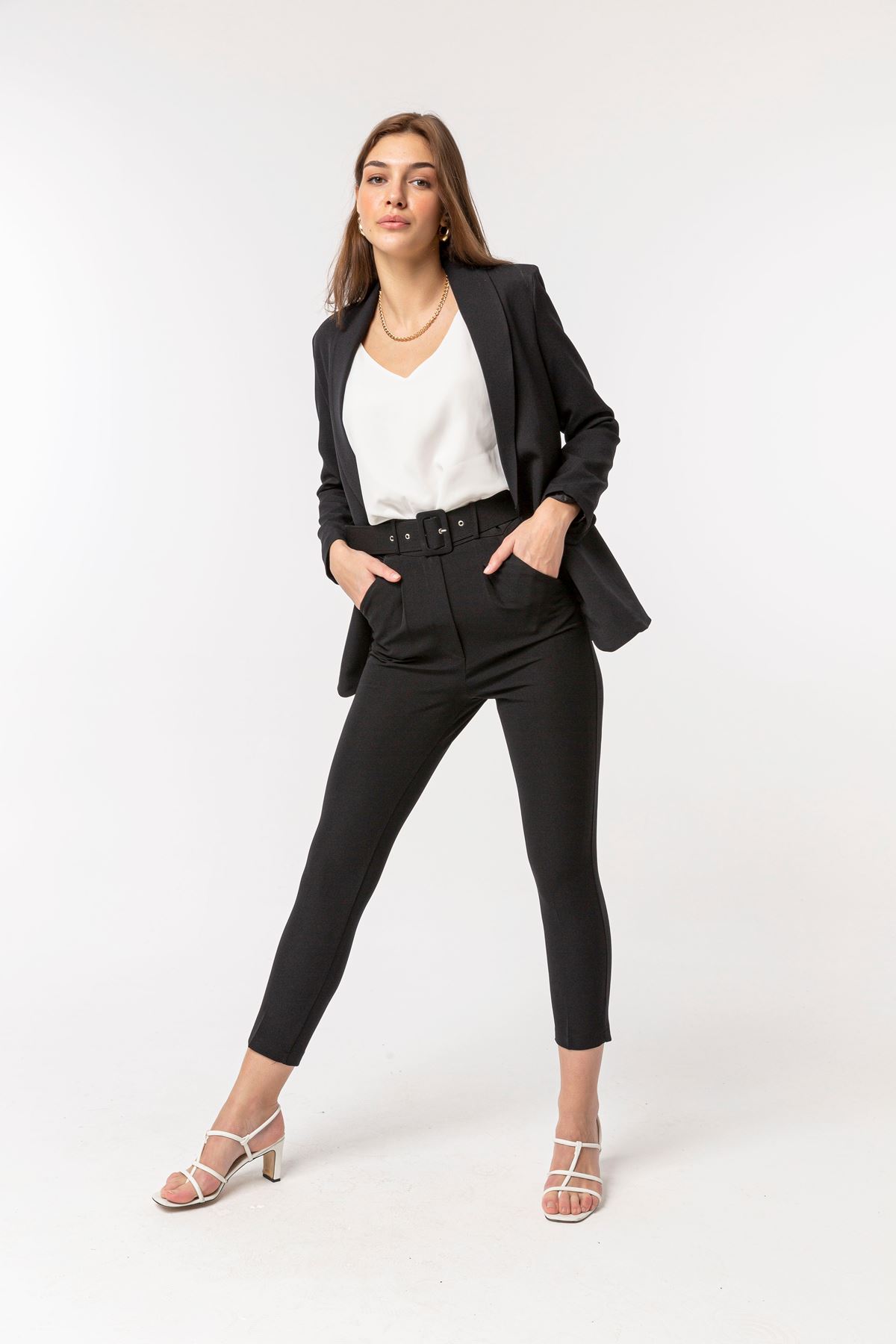 Atlas Fabric Ankle Length Women'S Trouser With Belt - Black