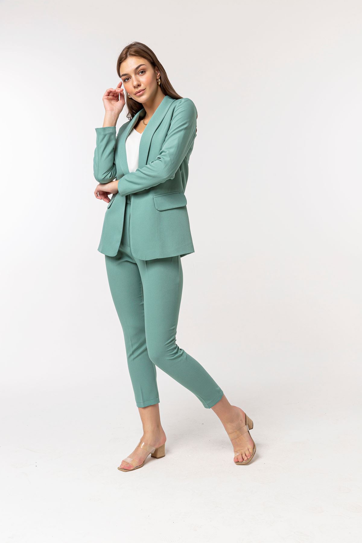 Atlas Fabric Ankle Length Women'S Trouser With Belt - Mint