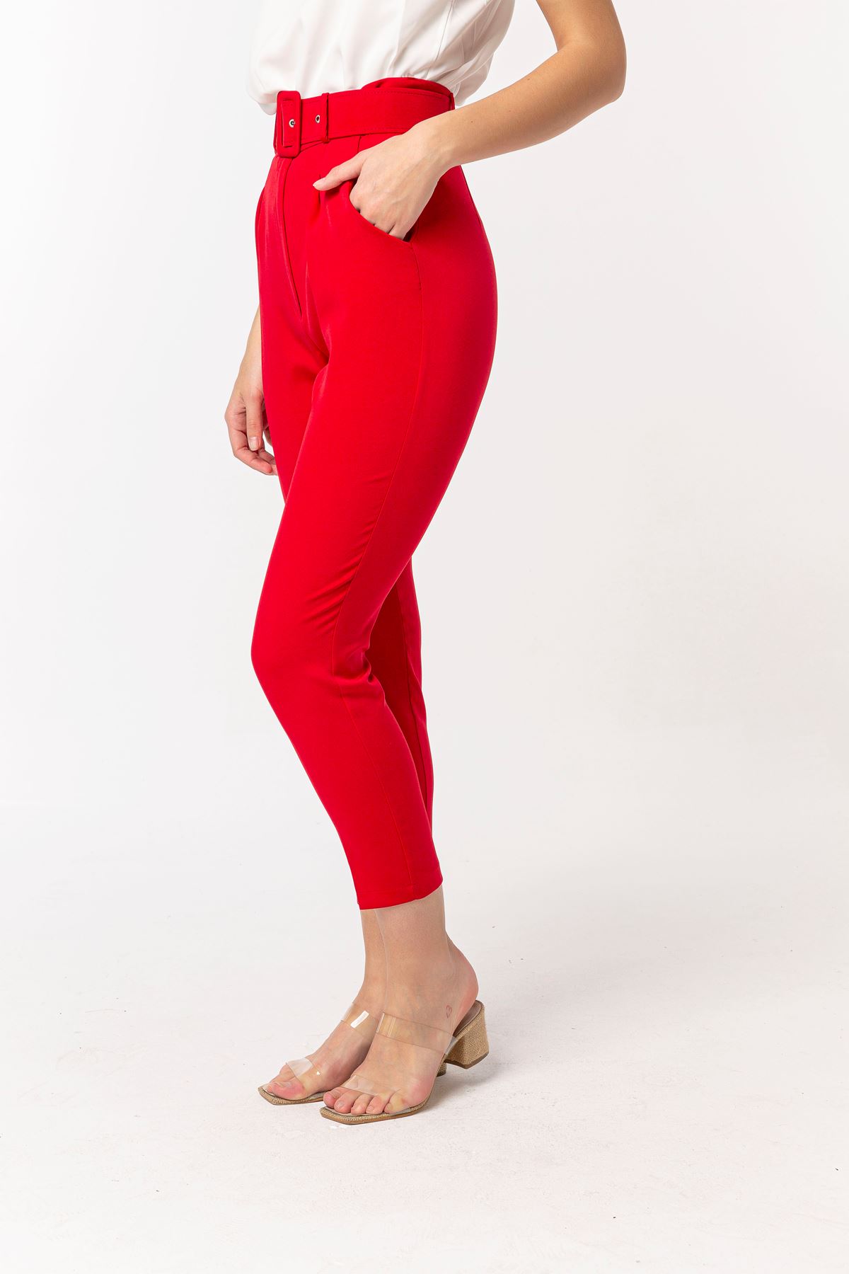 атласный ткань длина изделия приталенный Kemerliженские брюки - Kрасный