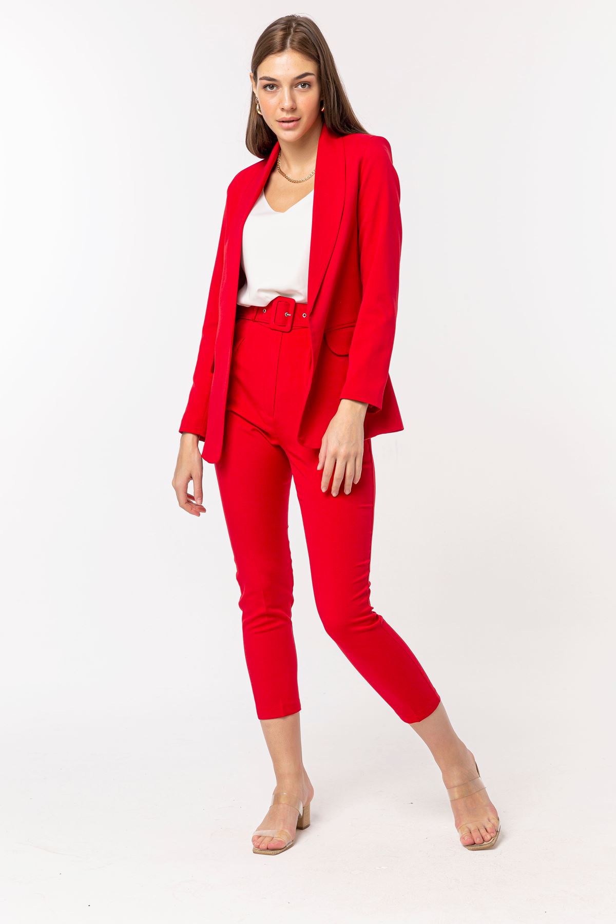 Atlas Kumaş Bilek Boy Kemerli Kadın Pantolon-Kırmızı