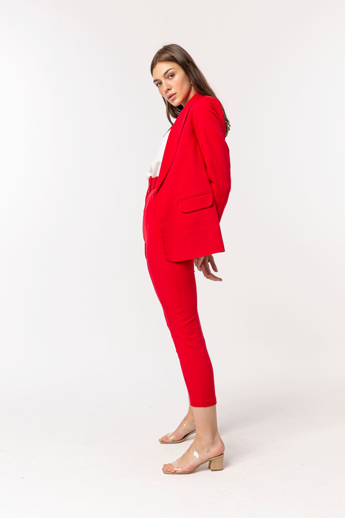 атласный ткань длина изделия приталенный Kemerliженские брюки - Kрасный