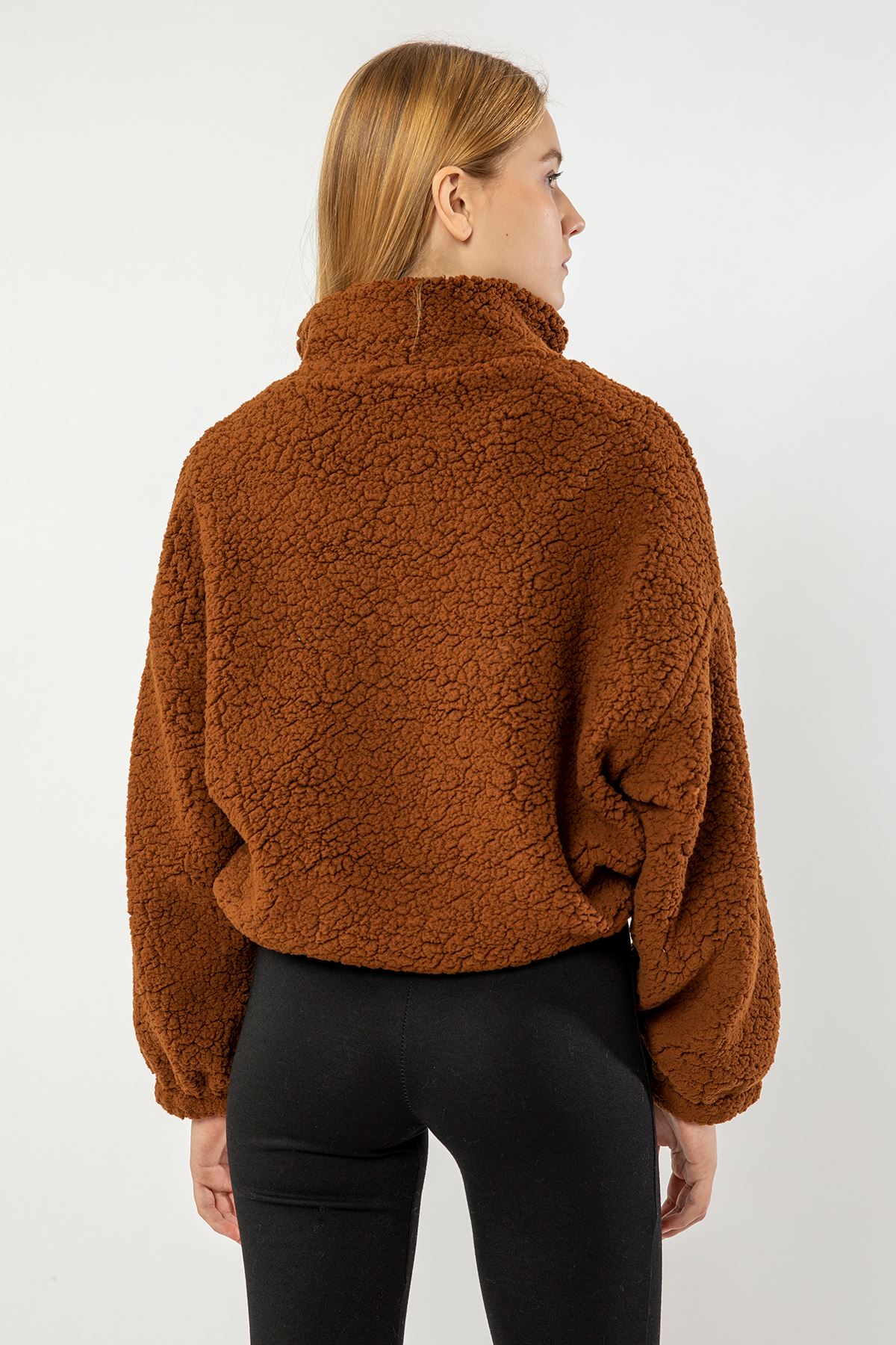 Plush Fabric Long Sleeve Zip Neck Short Zip Women Sweatshirt - Brown
