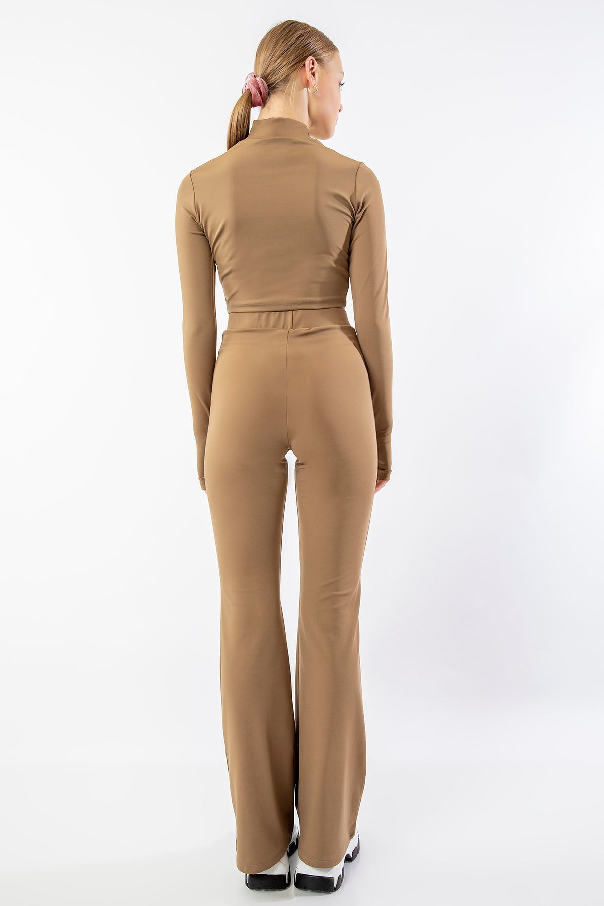 Scuba Fabric Long Sleeve High Neck Maxi Women Crop - Brown